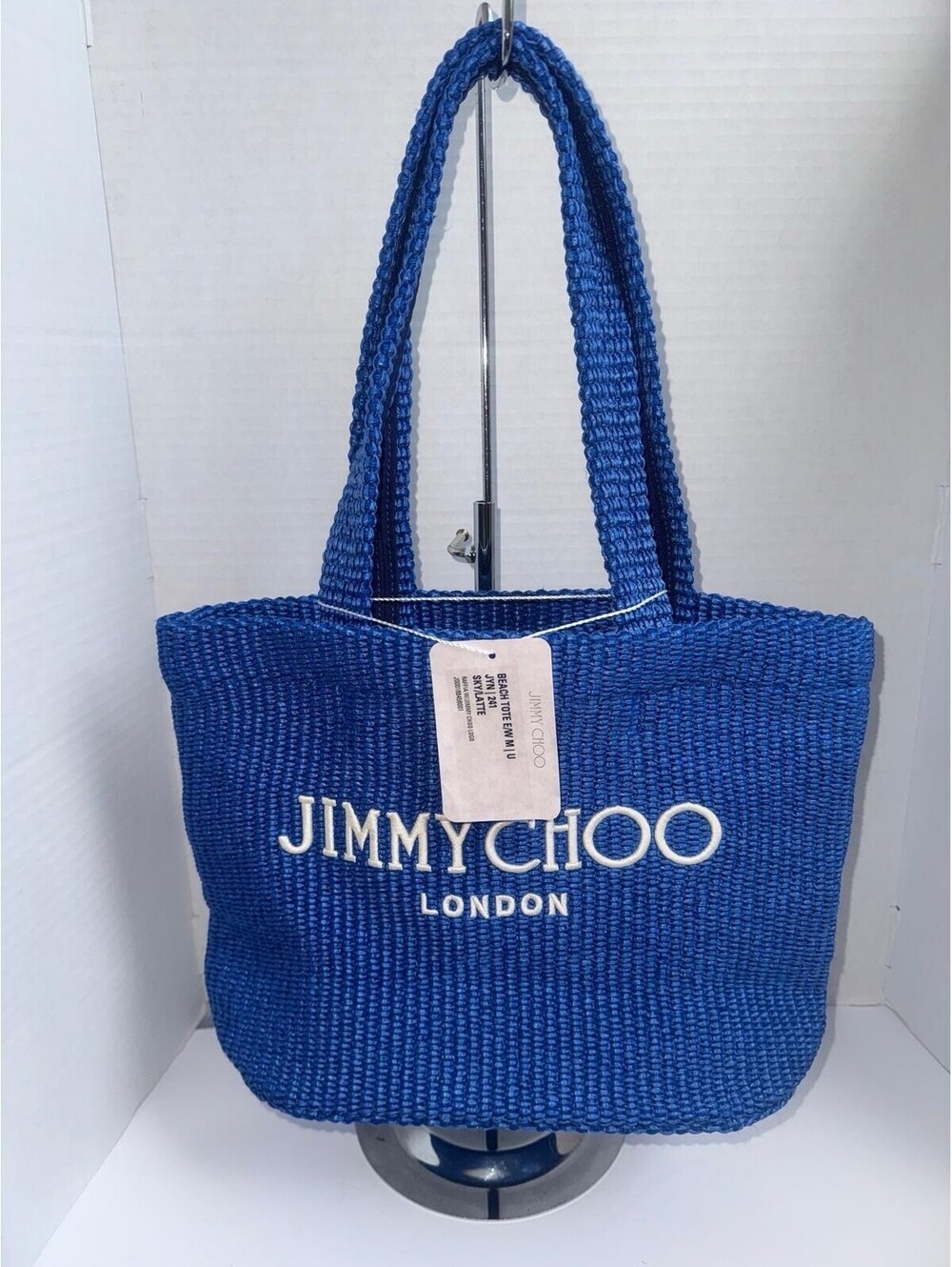 Jimmy Choo Beach Tote East‑West Mini — Ocean Blue Raffia — Embroidered Logo